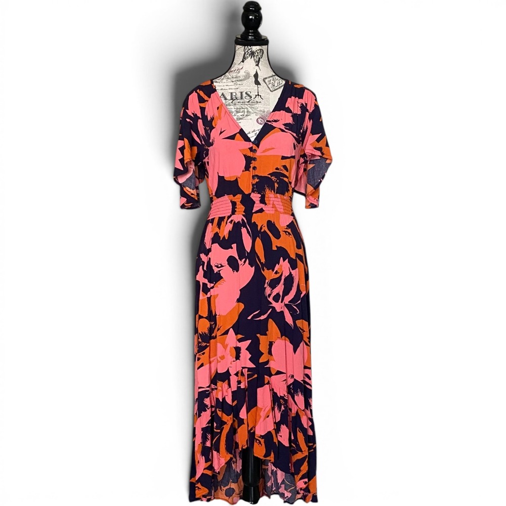 Abel The Label Maxi Dress Womens Small Pink Orange Floral High Low Smocked Boho